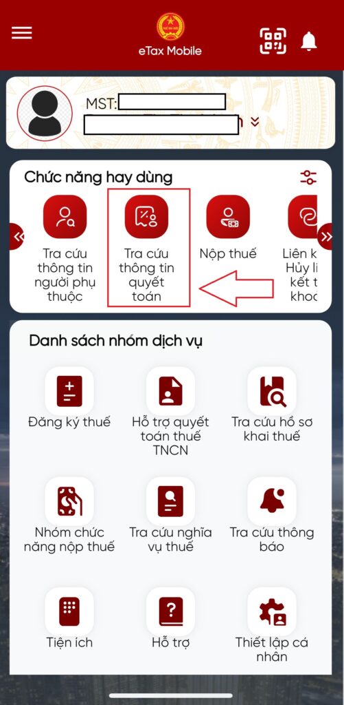 chọn mục tra cứu thông tin quyết toán thuế