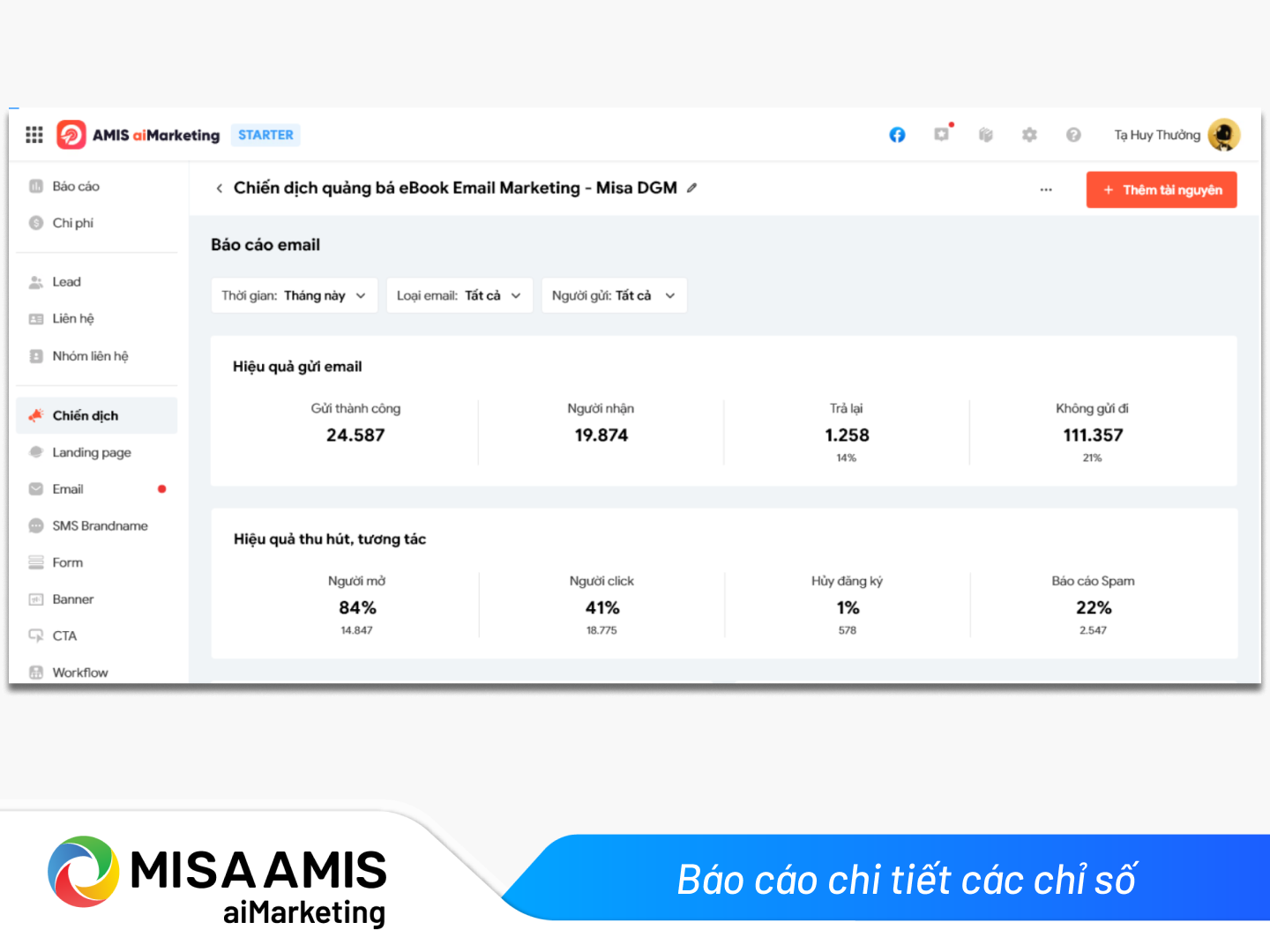 Báo cáo chi tiết các chỉ số trên MISA AMIS aiMarketing