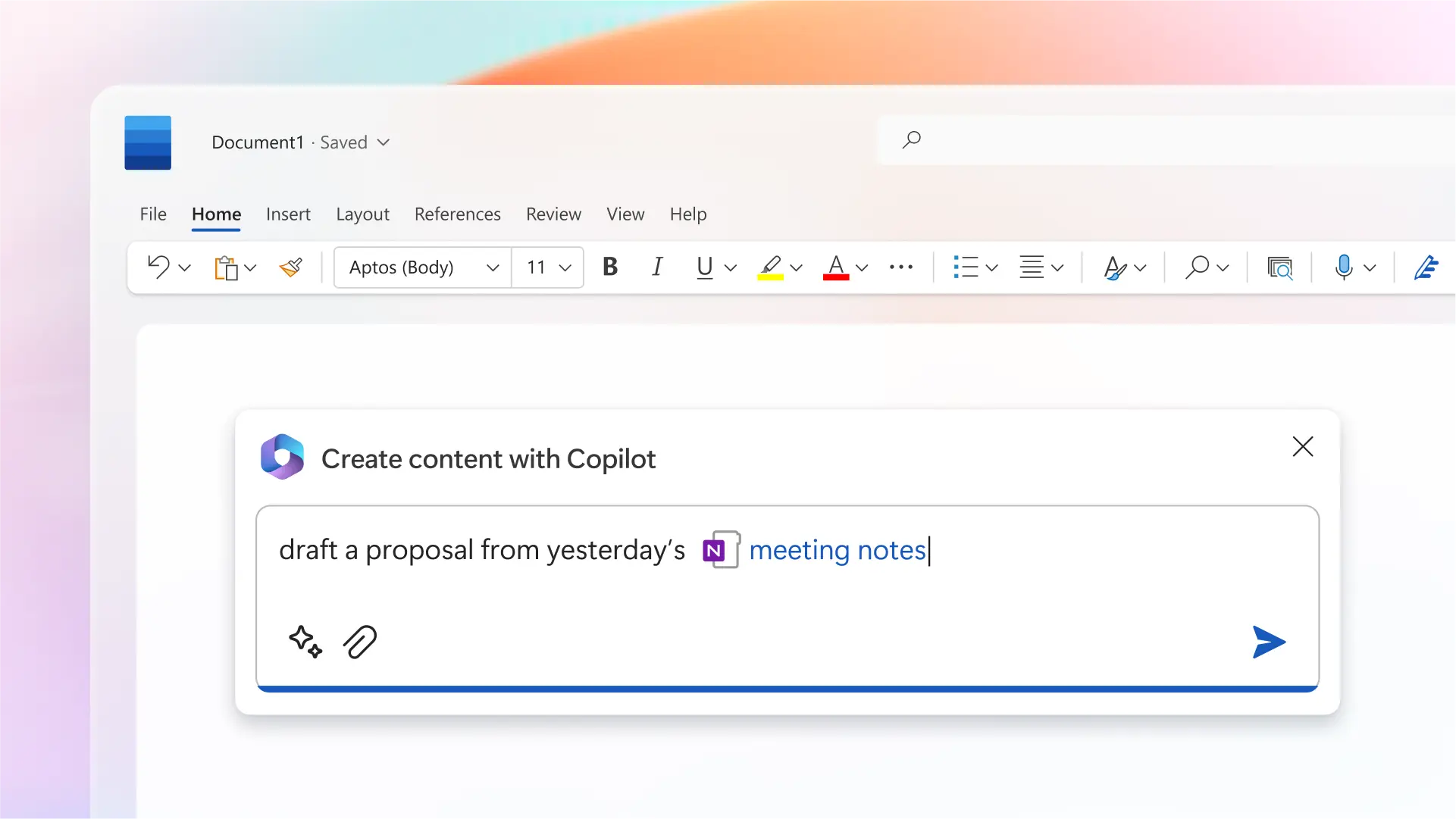 Giao diện Microsoft Word với tính năng Copilot, hiển thị hộp thoại yêu cầu tạo nội dung từ ghi chú cuộc họp.