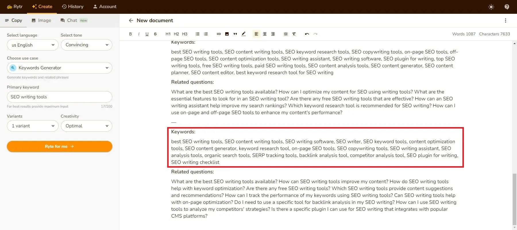 Giao diện công cụ Rytr AI với tính năng Keywords Generator, hiển thị danh sách từ khóa và câu hỏi liên quan để tối ưu hóa nội dung SEO.
