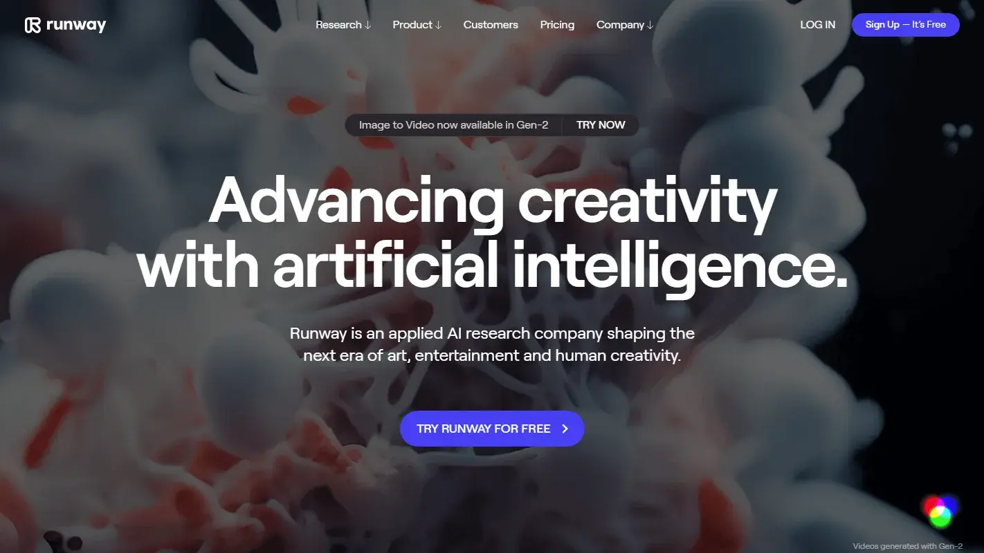 Trang chủ Runway AI với thông điệp 'Advancing creativity with artificial intelligence', giới thiệu công nghệ Gen-2 tạo video từ hình ảnh.