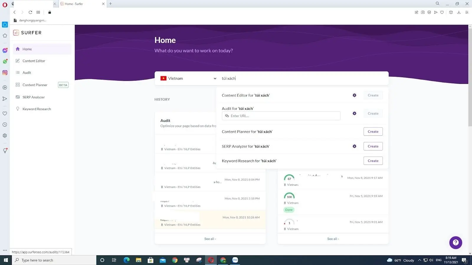 Giao diện Surfer SEO với các tùy chọn như Content Editor, Audit, Content Planner, SERP Analyzer và Keyword Research, minh họa quy trình tối ưu hóa từ khóa 'túi xách'.
