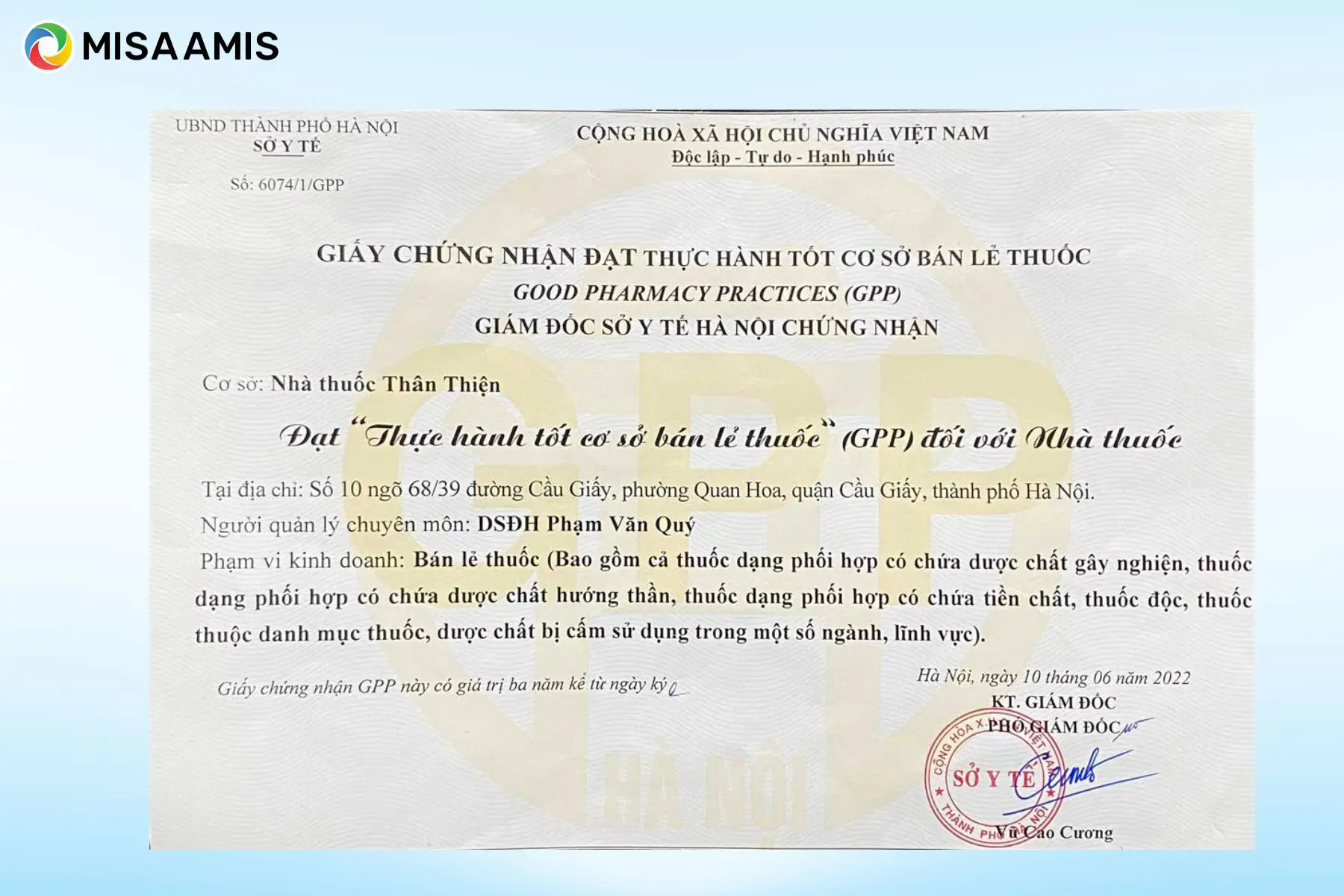 Giấy chứng nhận đạt thực hành cơ sở bán lẻ thuốc GPP