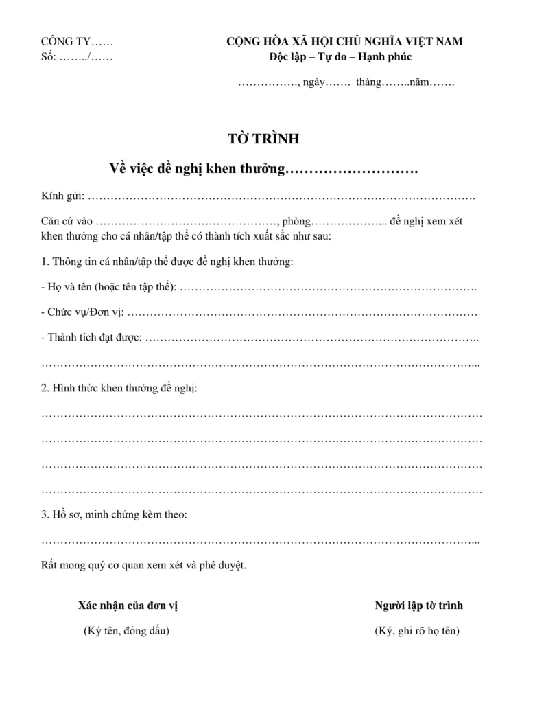 tờ trình đề nghị khen thưởng