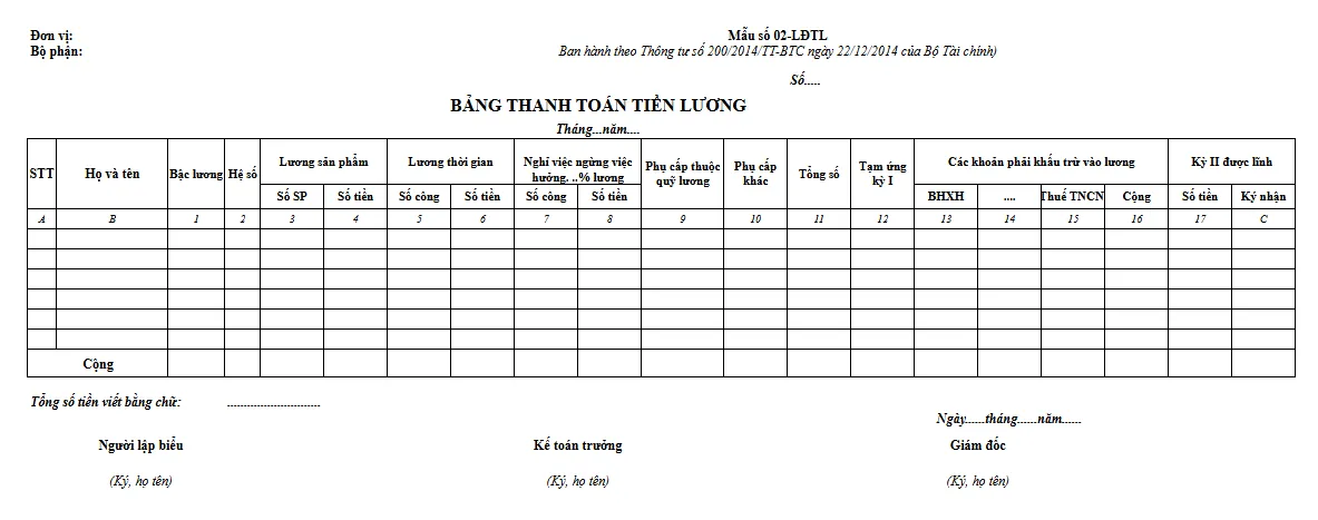 bảng thanh toán tiền lương