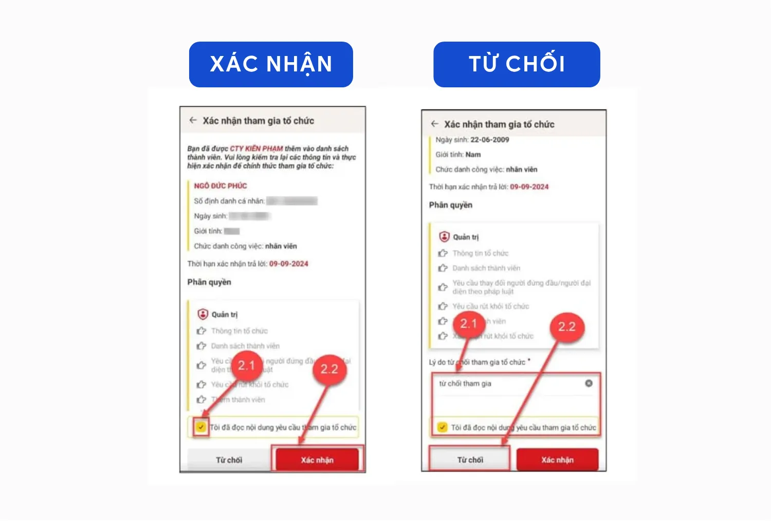 Hướng dẫn xác nhận hoặc từ chối phân quyền